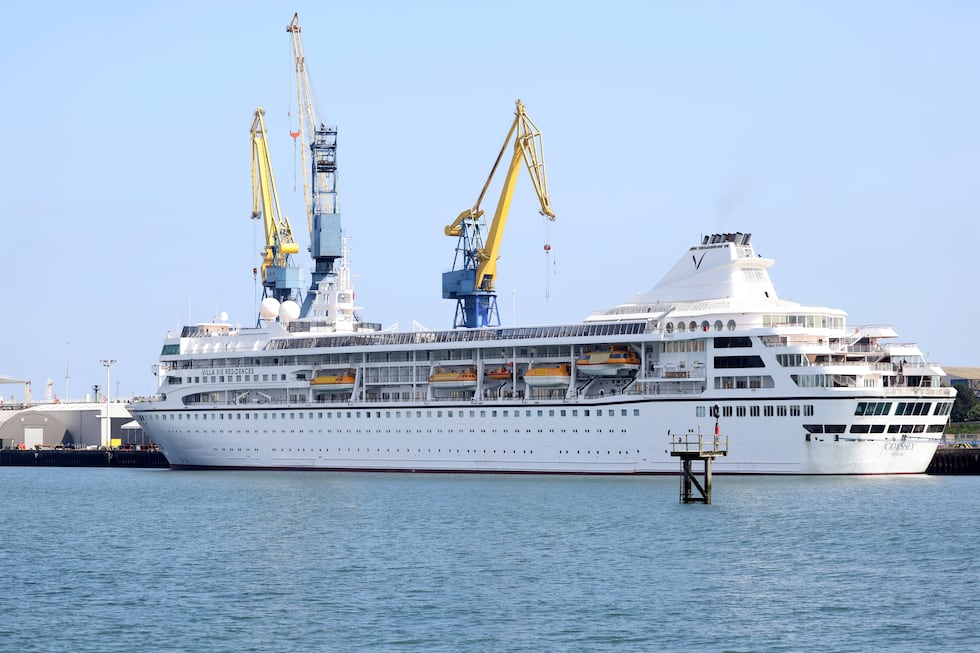 FILE - The Odyssey, a U.S. cruise liner operated by Villa Vie Residences is docked at Harland...