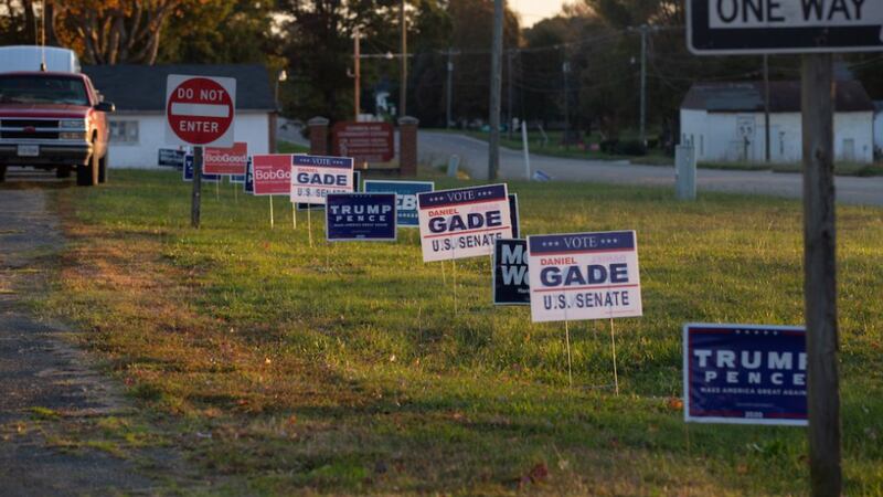 Campaign signs at a polling location in Buckingham County, Va., November 3, 2020.