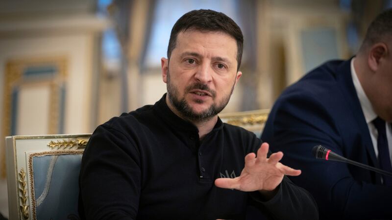 Ukrainian President Volodymyr Zelenskyy talks during his meeting with the Chairman of the...