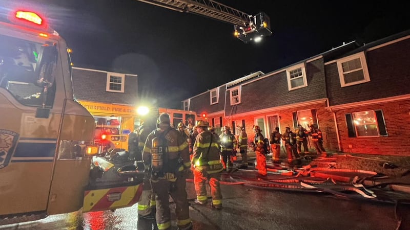 Firefighters battle a blaze at a Chesterfield apartment complex on Saturday evening.