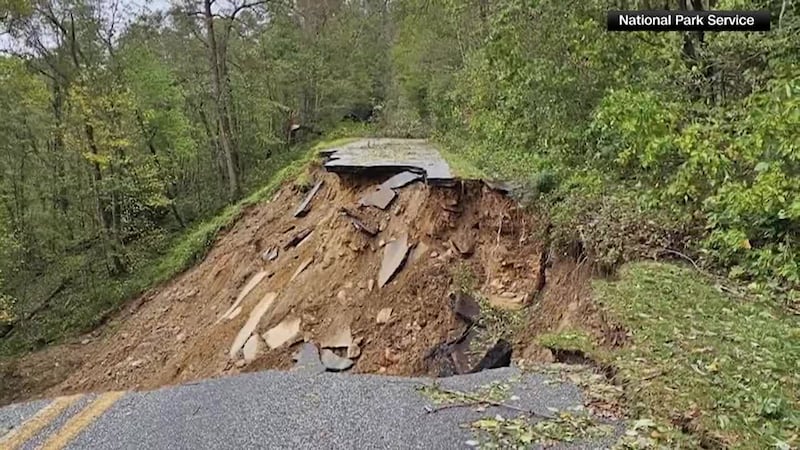 The National Park Service shared pictures showing damage on the Blue Ridge Parkway caused by...