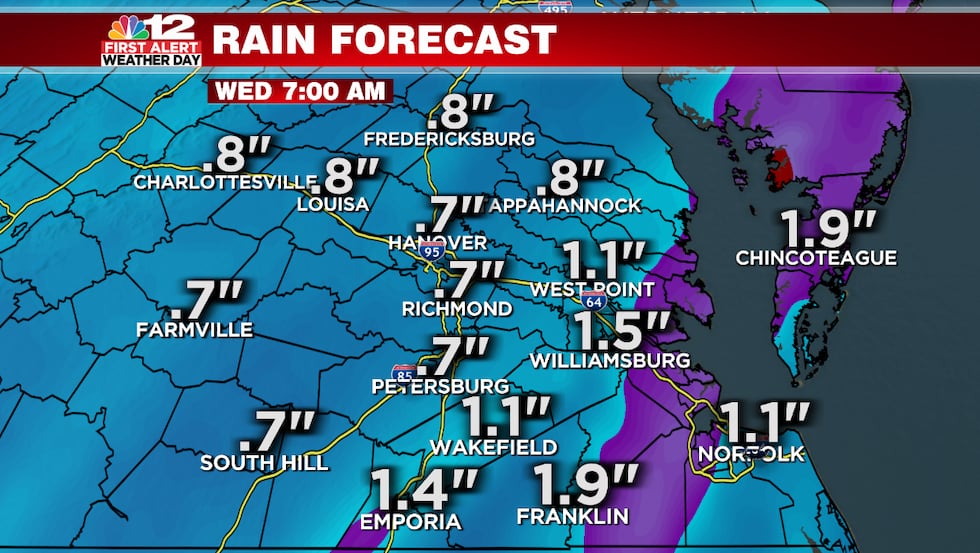 Rainfall forecast amounts are expected to reach a half inch to 2 inches across Central and...