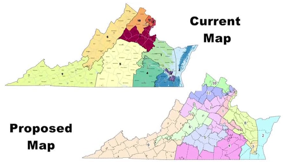 Virginia's current congressional districts, along with the proposed districts.