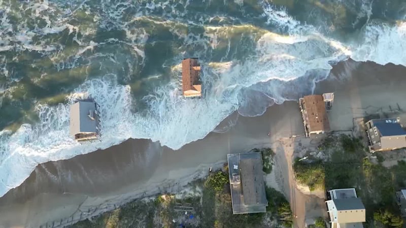 Drone footage over Rodanthe shows waves reaching several homes on the beach ahead of Hurricane...
