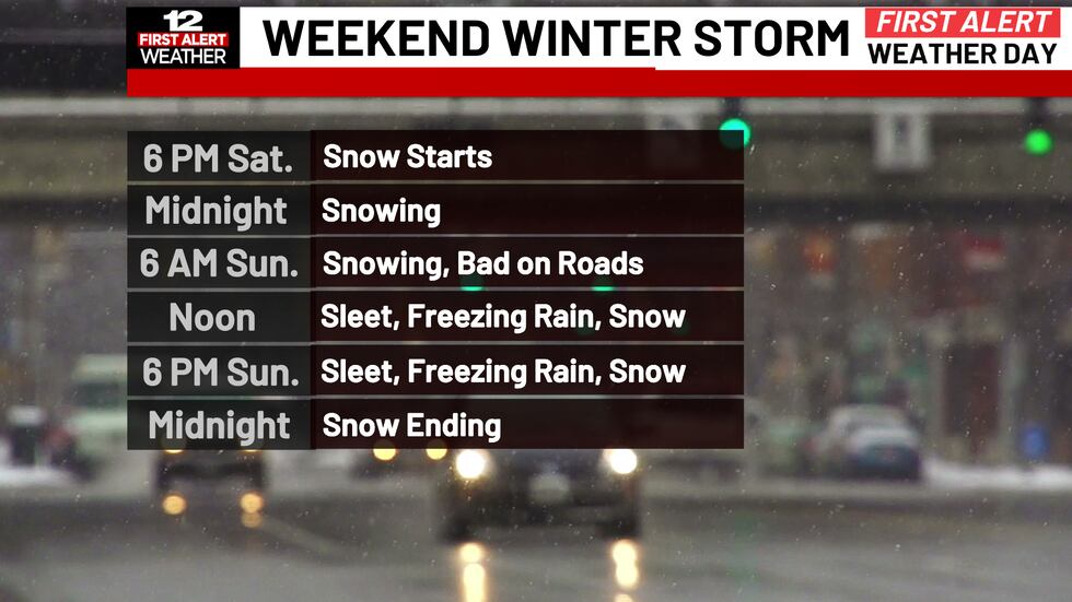 Starting as snow on Saturday. Could change over to ice (freezing rain and/or sleet) midday...