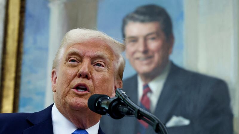 President Donald Trump speaks during a swearing in ceremony for Alina Habba as interim US...