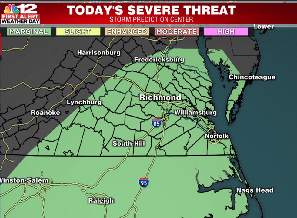 Low-end chance of severe storms across VA today and this evening
