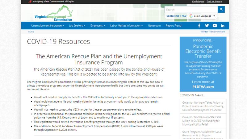 The Virginia Employment Commission releases key points in how the recently signed relief...