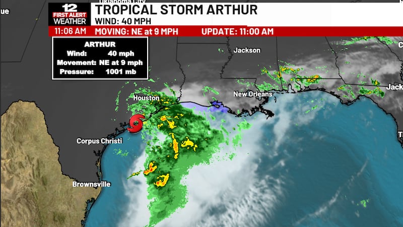 First Atlantic Tropical Storm Arthur bringing heavy rain to the Gulf coast.